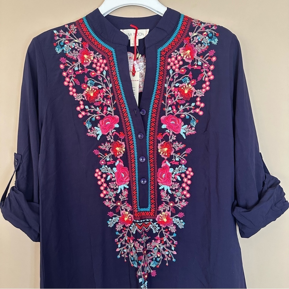NWT Luna Moon Women S Embroidered Tunic Top Floral Shirt Boho Blouse Hippie Navy